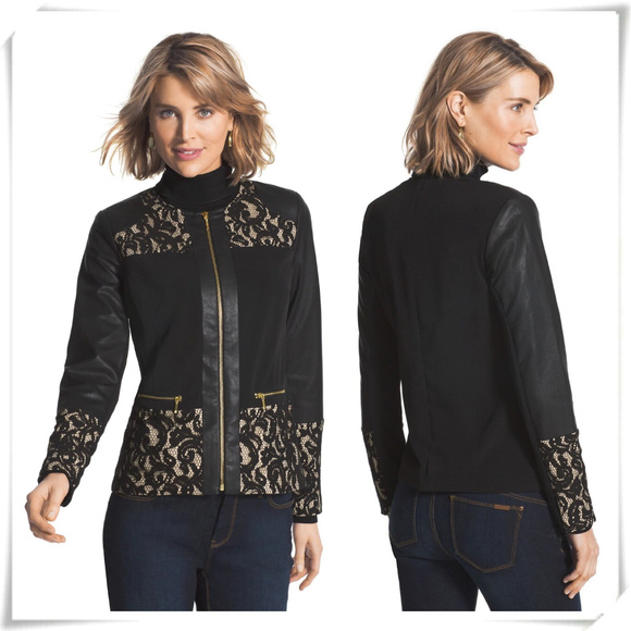 Chico's Jackets & Blazers - Chico’s Pieced Ponte Lace-Mix Faux Leather Jacket